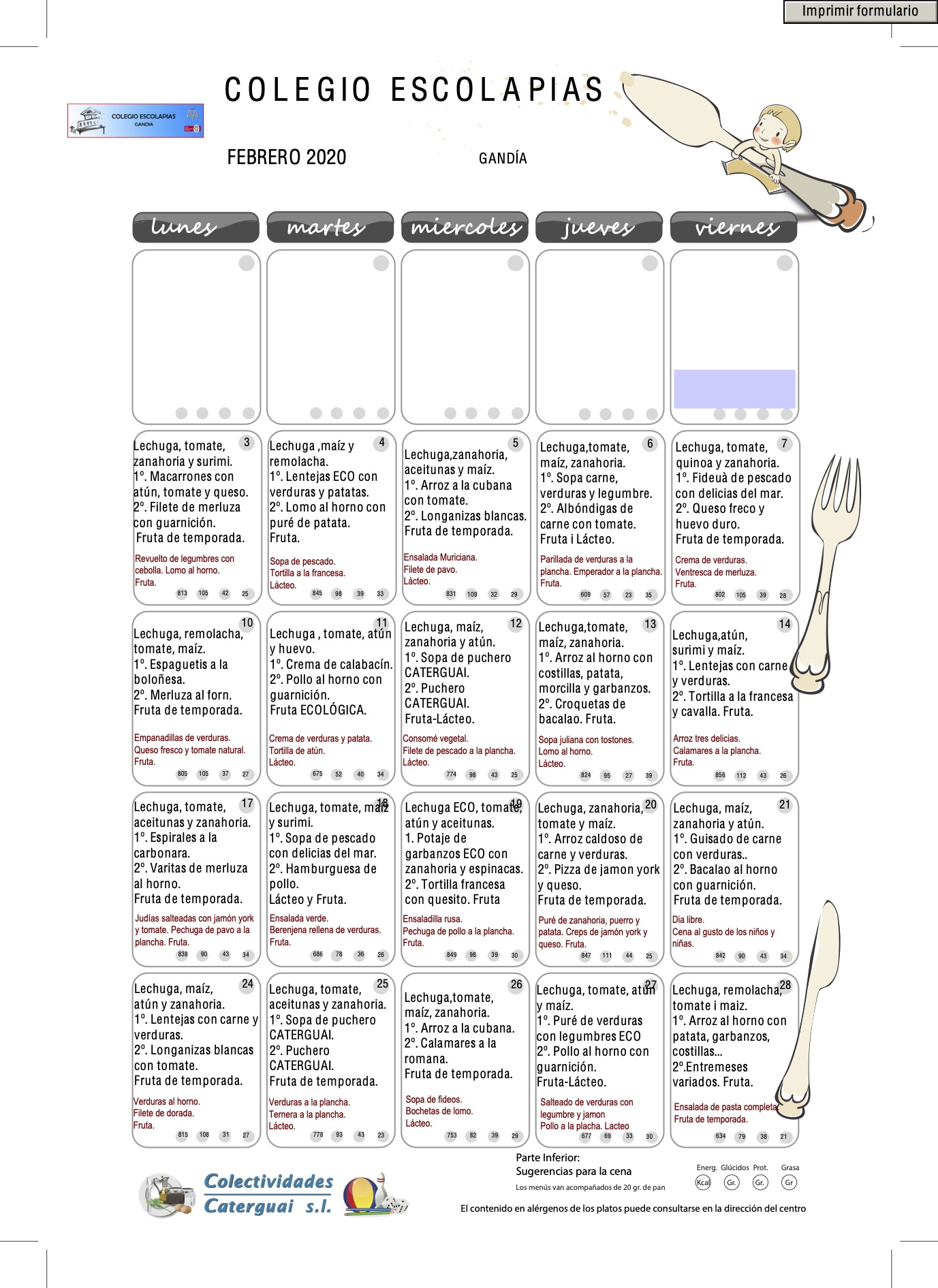 Menú escolar Escolapias Gandia